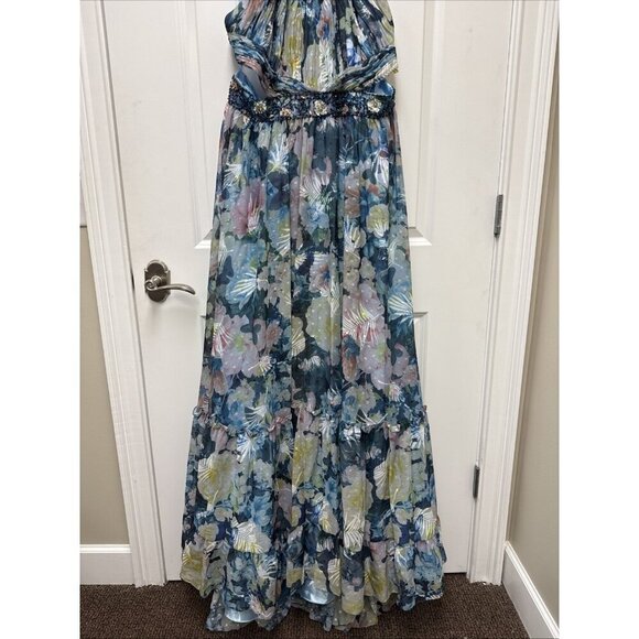 Mac Duggal Size 18 Blue Floral 68089 Halter Maxi Gown Cut Out Embellished Dress - Picture 8 of 13